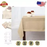Luxury Beige Linen Tablecloth with Hemstitch – 60 x 90 Inch, Machine Washable
