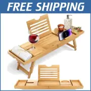 Luxury Bamboo Bath Caddy with Wine Glass Holder - Adjustable Breakfast Tray