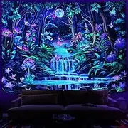 Leofanger Blacklight Fantasy Forest Moon Tapestry UV Reactive Neon Galaxy Space Wall Art for Home Decor (70.8"x92.5")