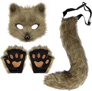 Hyuetrsa Faux Fur Fox Tail Cat Wolf Cosplay Costume Set Furry Orc Mask and Fox Tail Gloves Set Fox Cosplay Set Halloween Christmas Party Girls Women, Mask, a Pair of Gloves and a Tail 3 Piece Set
