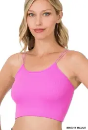 Zenana Bright Mauve Ribbed Cropped Cami Top Double Strap Fitted Summer Tank L/XL