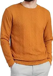 [Qolkmuiy-GJ] Men's Casual Base Knit Sweater Trendy Cable Knitwear Sweaters Crewneck Casual Sweater Structured Pullover, Orange, XXL