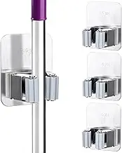 Tikplus Mop Broom Holder, 3 Pcs Self Adhesive Mop Holders Stainless Steel, No Drilling Garden Tool Organizer for Bathroom, Kitchen, Office, Closet, Garage, Silver