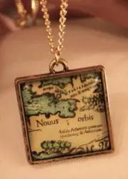 Shiny Square Goldtone Globe Map Sector Nouus Orbis Old World Pendant Necklace