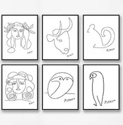 Wall Art Decoration Pablo Picasso Drawn Lines Drawing Poster Prints Set of 6 (Size 16x12 inch / A3 / 42x29 cm, Pablo Picasso Cat Sketch Print Cat Poster, Animals Line Art)