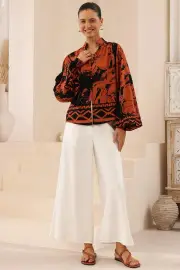 Faye Blouse - Mandarin Collar Balloon Sleeve Button Down Shirt in Joslyn Print