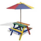 vidaXL Kids' Picnic Table with Benches and Parasol Multicolour Wood HEE