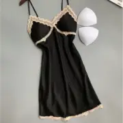 Ladies Silky Nightdress Backless Pyjama Dress Lace Trim Built in Bra Sexy Comfy