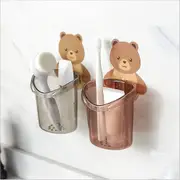 2pcs Wall-mounted bear toothbrush cup holder punch-free storage rack