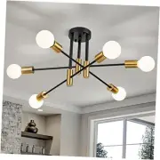 6-Light Modern Sputnik Chandeliers, Black Gold Semi Flush Mount Ceiling Light
