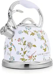 VQ Laura Ashley Elveden White 2.5L Stovetop Kettle. Stainless Steel Whistling Stove Top Kettle. Tea Kettle for Gas, Induction Hob & Others. Silicon Coated Cool Handle, Push Button Mechanism Teapot