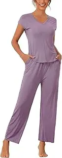 [cheibear] Womens Short Sleeve Modal Casual Set Pajama 2 Piece Loungewear Long Pants Sweatsuit
