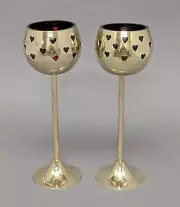 Votive Candle Holder Brass Red Glass Liner Heart Cutouts 3"D 9"High Set/2