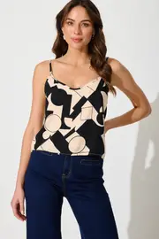 Negroni Cami Top Spaghetti Strap in Beige Cream With Black Geometric Print 8
