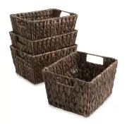 4pk Hyacinth Storage Baskets w Handles 12x9x6, Wicker Bins for Shelves, Espresso