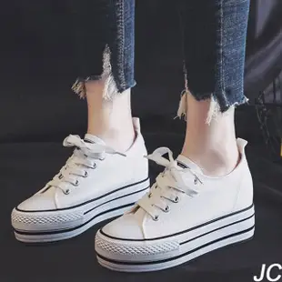【JC Collection】學院風帆布透氣繫帶增高厚底鬆糕鞋板鞋帆布鞋(白色)