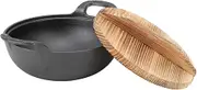 QANYEGN Cast Iron Wok with Wooden Lid, Pre Seasoned Woks, Household Raw Iron Pot for Stir Fry Grill Steam Authentic Asian Chinese Food (25cm)