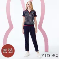 在飛比找Yahoo奇摩購物中心優惠-YIDIE衣蝶 跳色印花彈性polo衫褲套裝-深藍(上下分開