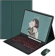 [Jarttarn] Backlit Keyboard Case Compatible with Samsung Galaxy Tab S9 FE Plus 12.4 inch with Pencil Holder, Detachable Backlit Wireless Trackpad Keyboard with Mouse (Dark Green+Black Keyboard)