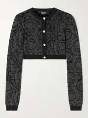 [Versace] Versace - Cropped Metallic Knitted Cardigan - Black - IT40 IT 40 Black
