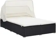 Outdoor Daybed with Retractable Canopy, Patio Furniture Rattan Wicker Sunbed, Double Chaise Lounge with Upholstered Cushions, 194 x 120.5 x 110 cm Black