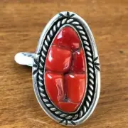 Sterling Silver CORAL Cobblestone Inlay RING size 7.5 Split Shank Band