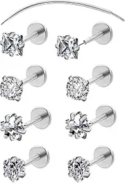 [COTATI] 20G Nose Stud Flat Back Studs Earrings Piercing Jewelry for Women,Surgical Steel Threadless Long Push Pin Labret Tragus Cartilage Lip Rings Stud (Silver,20G，3/3/3/3mm), Small, Stainless Steel