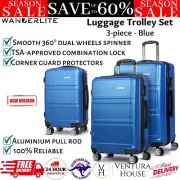Wanderlite 3pc Luggage Trolley Set Travel TSA Hard Case Suitcases Bag Blue New