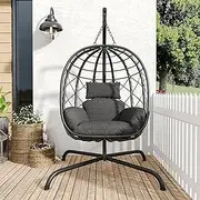Hanging Egg Chair with Stand Patio Wicker Rattan Swing Chair Hammock Egg Chair for Indoor & Outdoor 400lbs Capacity with Thickened Cushion for Bedroom Balcony Garden
