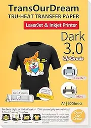 TransOurDream Iron on Heat Transfer Paper for Dark T Shirts (20 Sheets A4, Dark 3.0) Printable HTV Heat Transfer Vinyl for Inkjet & Laserjet Printer Iron On transfers for T Shirts (TRANS-D3-20)