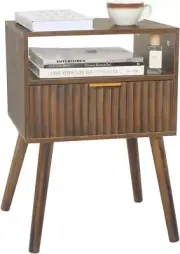 Walnut Nightstand, Wooden Bedside Table with Fluted Drawers and Open Shelf, Nigh