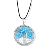 Aquamarine Tree of Life Pendant Womens in Silvertone with Leather Necklace 24 in