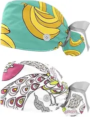 [WOSHJIUK] Working Hat 2 Pack Scrub Caps for Women,Fruit Banana,Tie Back Cap Adjustable Scrub Hat