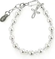 Cherished Moments Sterling Silver Bracelet for Girls with High-End Simulated Pearls and Crystals with a Dainty Infinity Cross Charm