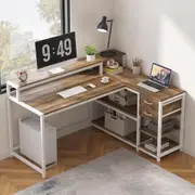 Tribesigns L Shaped Desk with Drawers and Storage Shelves, Home Office L Corner Desk with Monitor Stand, 55" x 24" Desktop Computer Desk, Gaming Desk Study Desk for Small Space (Oak)