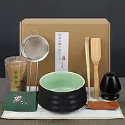 ZCOINS 10 Pcs Matcha Whisk Set Making Kit with Stainless Sifter Bamboo Stirrer Whisk Holder Scoop Plucker Rack Towel Mat, Black Ceramic Matcha Bowl Tea Accessories Set for Tea Lovers