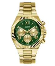 Guess Equity Brushed Gold Tone Case With Polished Gold Tone Bezel With Sunray Green Multifunction Dial And Brushed And Polished Gold Tone Bracelet GW0703G2