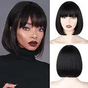 Creamily Black Short Bob Wig,Straight Black Bob Wig with bangs, 10 inch Straight Bob Bangs for Women Natural Looking for Party Halloween Costume Cosplay Party Daily Use