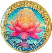 Pink Lotus Flower Pond One Day at A Time Medallion Serenity Prayer Chip