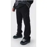 Mens Black Relaxed Flared Carpenter Paint Splatter Trousers