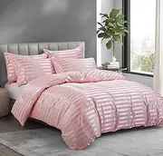 [P Pothuiny] 5 Pieces Satin Striped Duvet Cover Full/Queen Size Set, Luxury Silky Like Blush Pink Stripe Duvet Cover Bedding Set with Zipper Closure, 1 Duvet Cover + 4 Pillow Cases (No Comforter)
