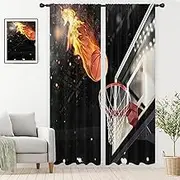 EGLGCC Basketball Fire Curtains Boys Kids Room Sports Flame Black Orange Cool Ball Gamer Decor 42Wx84L Inch Rod Pocket Curtain for Bedroom Living Room Window Drapes Treatment Fabric 2 Panels