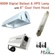HYDROPONICS 6" COOL VENT HOOD 600W HPS GROW LIGHT LAMP DIGITAL BALLAST COMBO