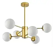 Gold Sputnik Chandelier for Dining Room,Modern Glass Globe Pendant Light Adjustable Height E27 Bulb Glass Shade Chandelier for Kitchen Living Room Dining Room Bedroom(6 Lights, White)