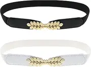 [eMagTech] 2PCS Elastic Waist Belts Adjustable Leaf Pattern Women Skinny Belt with Interlock Buckle for 65-90cm Waist Size Blouse Dress Coat Overcoat Black & White