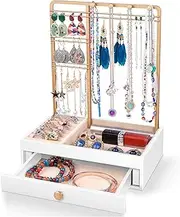 Teamkio White Jewelry Organizer with Large Storage Box, Jewelry Holder, Tabletop Jewelry Stand Display for Necklace, Rings, Bracelets, Watches