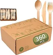 Wooden Disposable Cutlery, 100% Compostable Utensil Set - 360 Pieces Cutlery Set (120 Forks 120 Spoons 120 Knives) - Eco-Friendly Biodegradable Utensils for Party, Camping