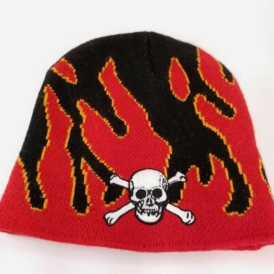Goorin Bros Trucker Beanie Hat Black Red Fire Skull Crossbones Winter New Boys