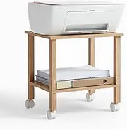 YUFAM 2 Tier Printer Stand with Storage,Under Desk Shelf Printer Table,Small Printer Stand with Wheels,Rolling Printer Cart for Office,Home,Wood Color