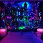 Blacklight Halloween Tapestry Castle and Moon Tapestries UV Reactive Skeleton...